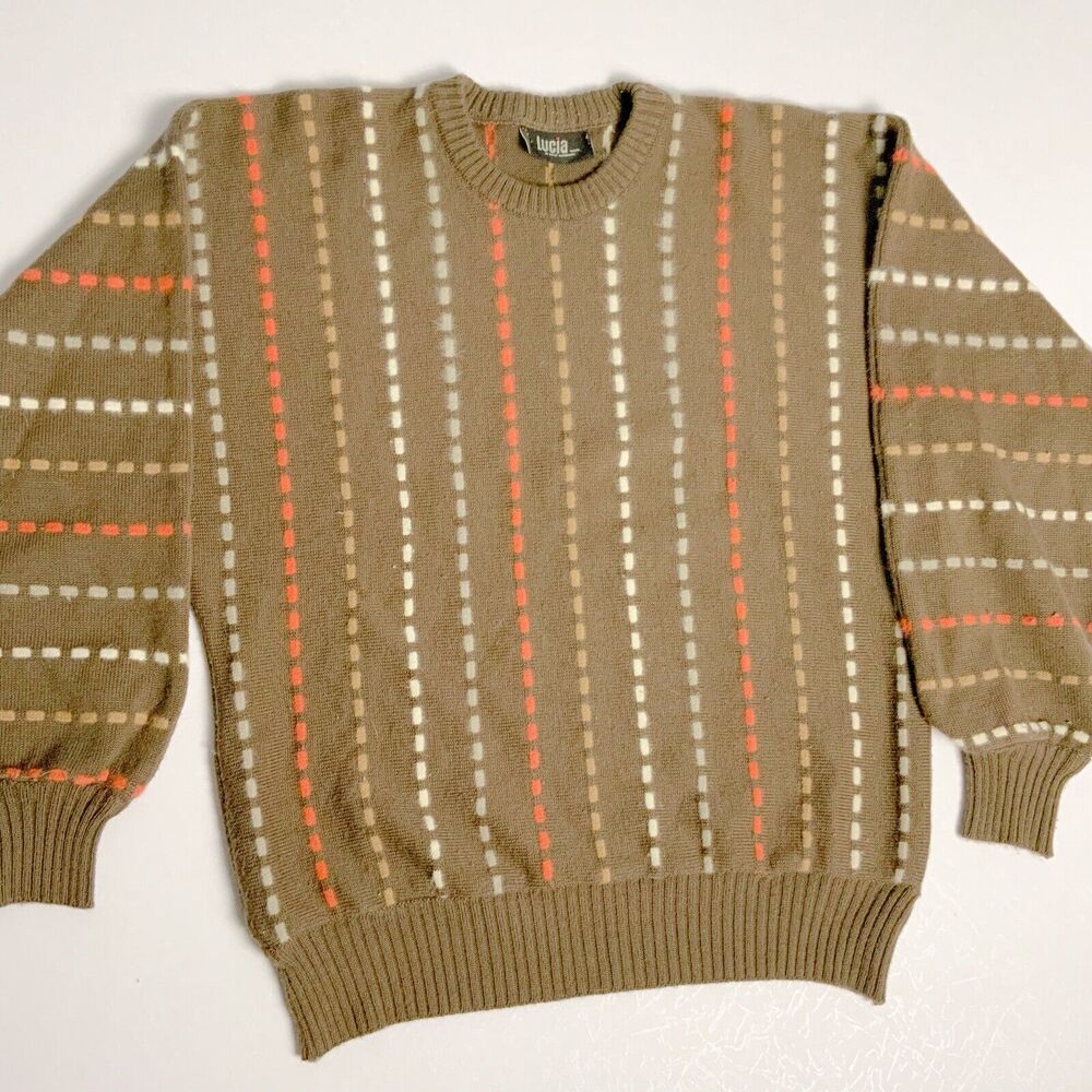 Vintage Lucia Knit Crewneck Sweater w Neutral Stripe Womens Sz Small Cozy Preppy